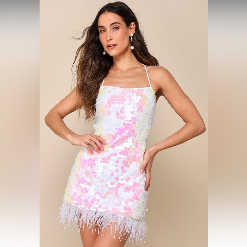 Lulus White Iridescent Sequin Mini Dress - Bridal Bachelorette Dress